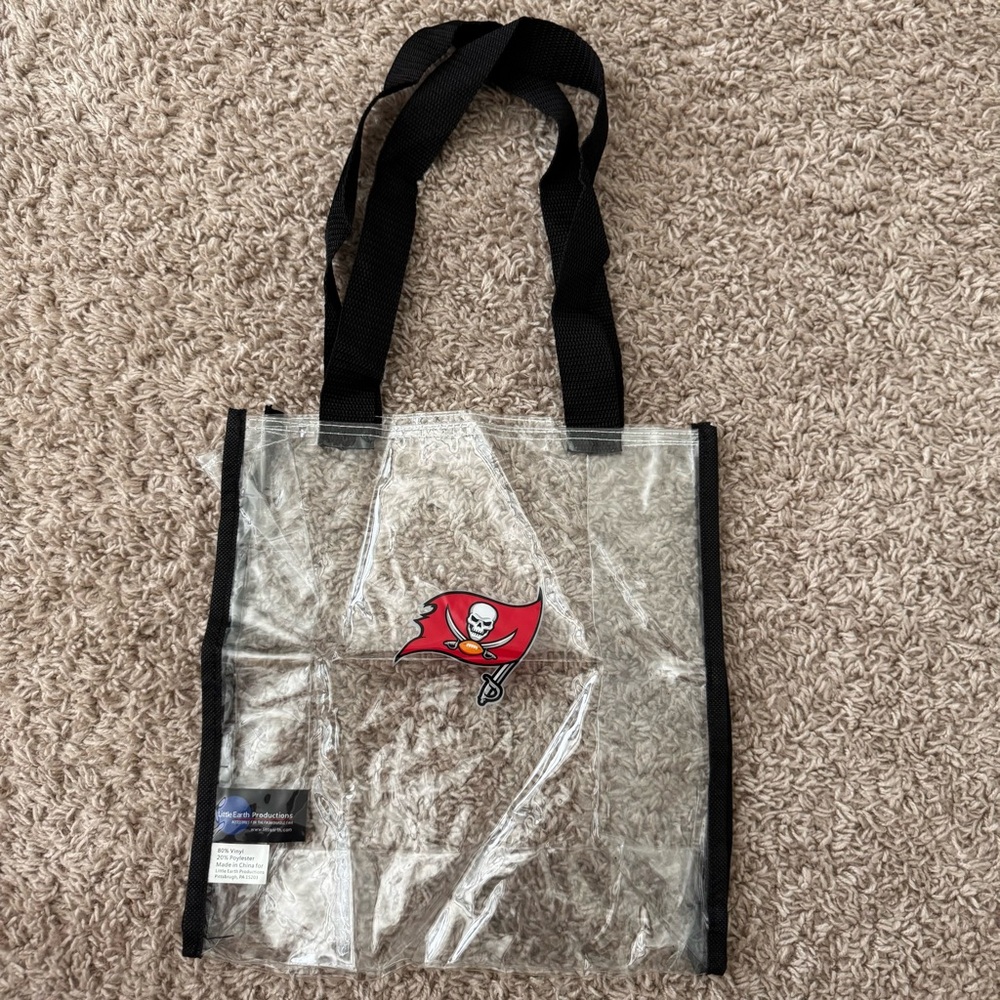 Clear Tote Bag with Tampa Bat Buccaneers Logo and Black Straps